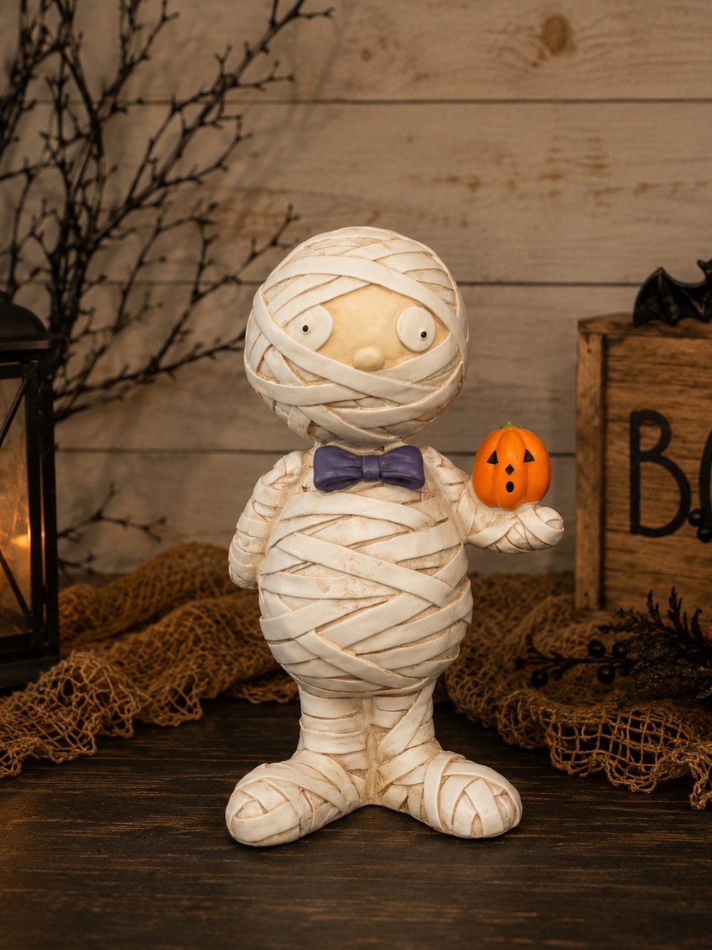 GUS THE MUMMY - White Mummy with Purple Bow and Orange Pumpkin